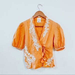 Anthropologie C. Keer Yellow Wrap Puff Sleeve Top